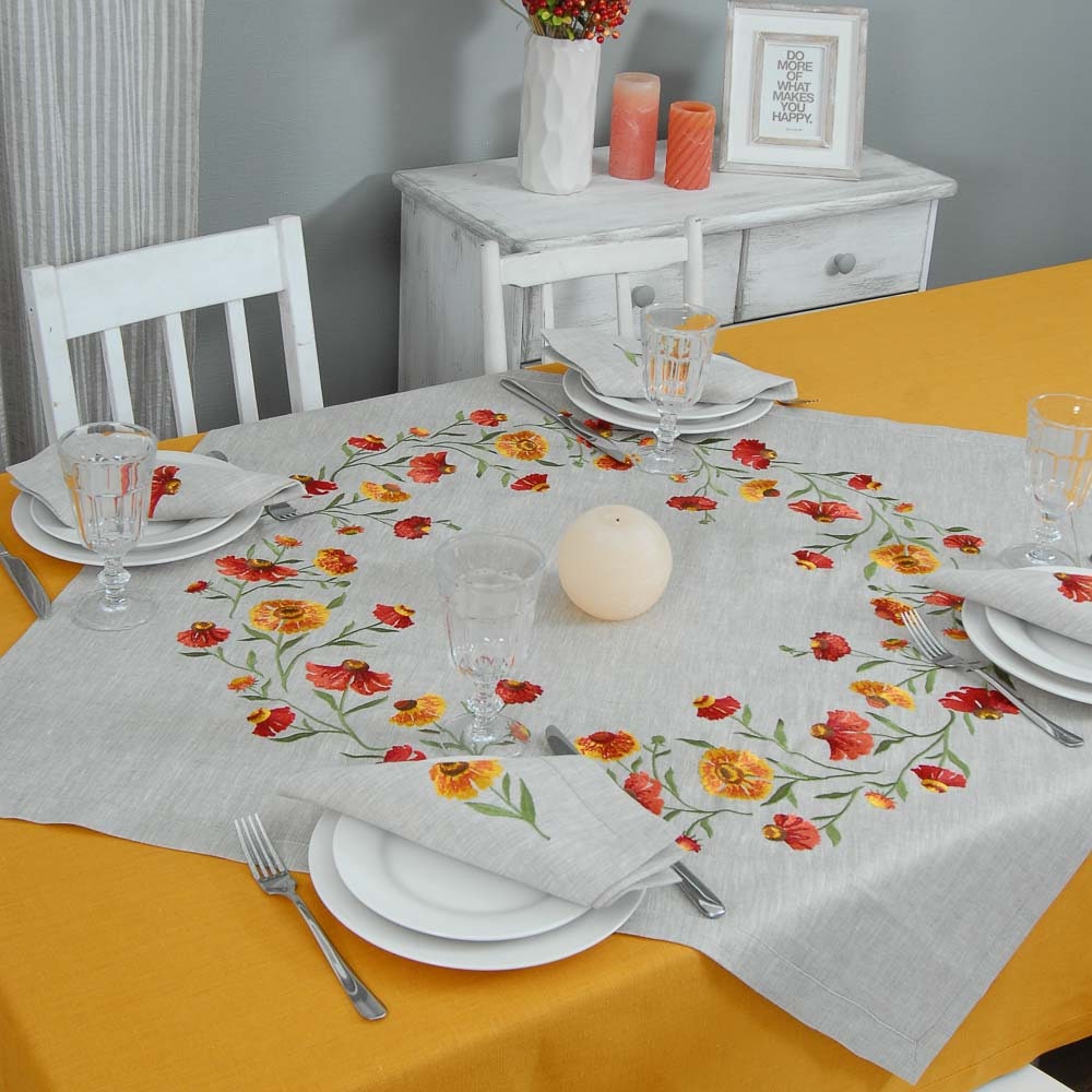 Helenium Embroidered Table Runner Set - 88 x 88 cm with 4 Napkins