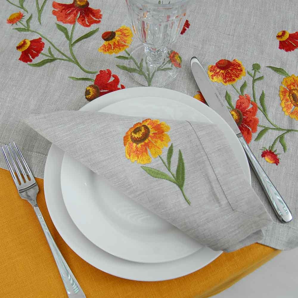 Helenium Embroidered Table Runner Set - 88 x 88 cm with 4 Napkins
