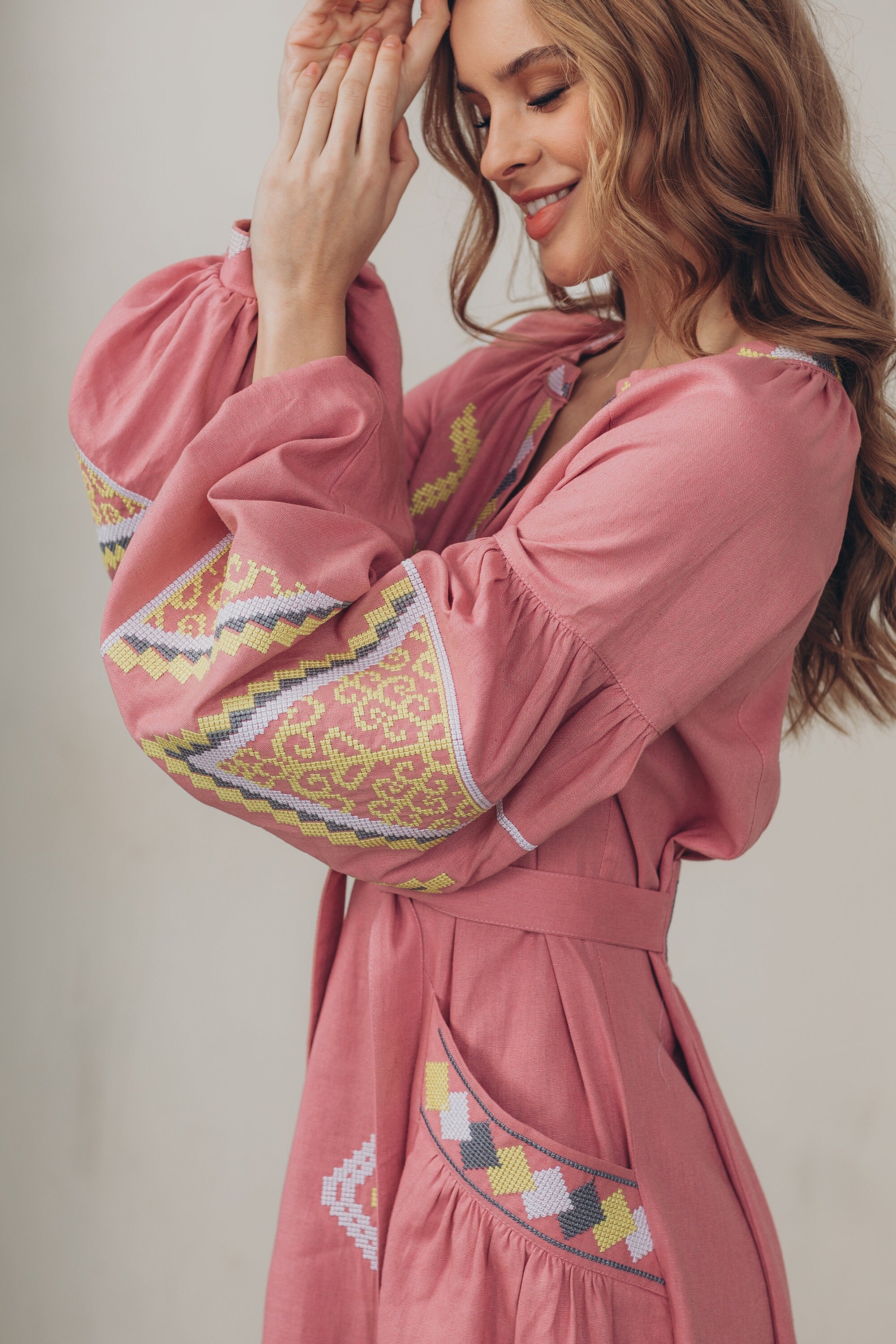 Pink Embroidered Linen Boho Dress - Ukrainian Folk Vyshyvanka for Women