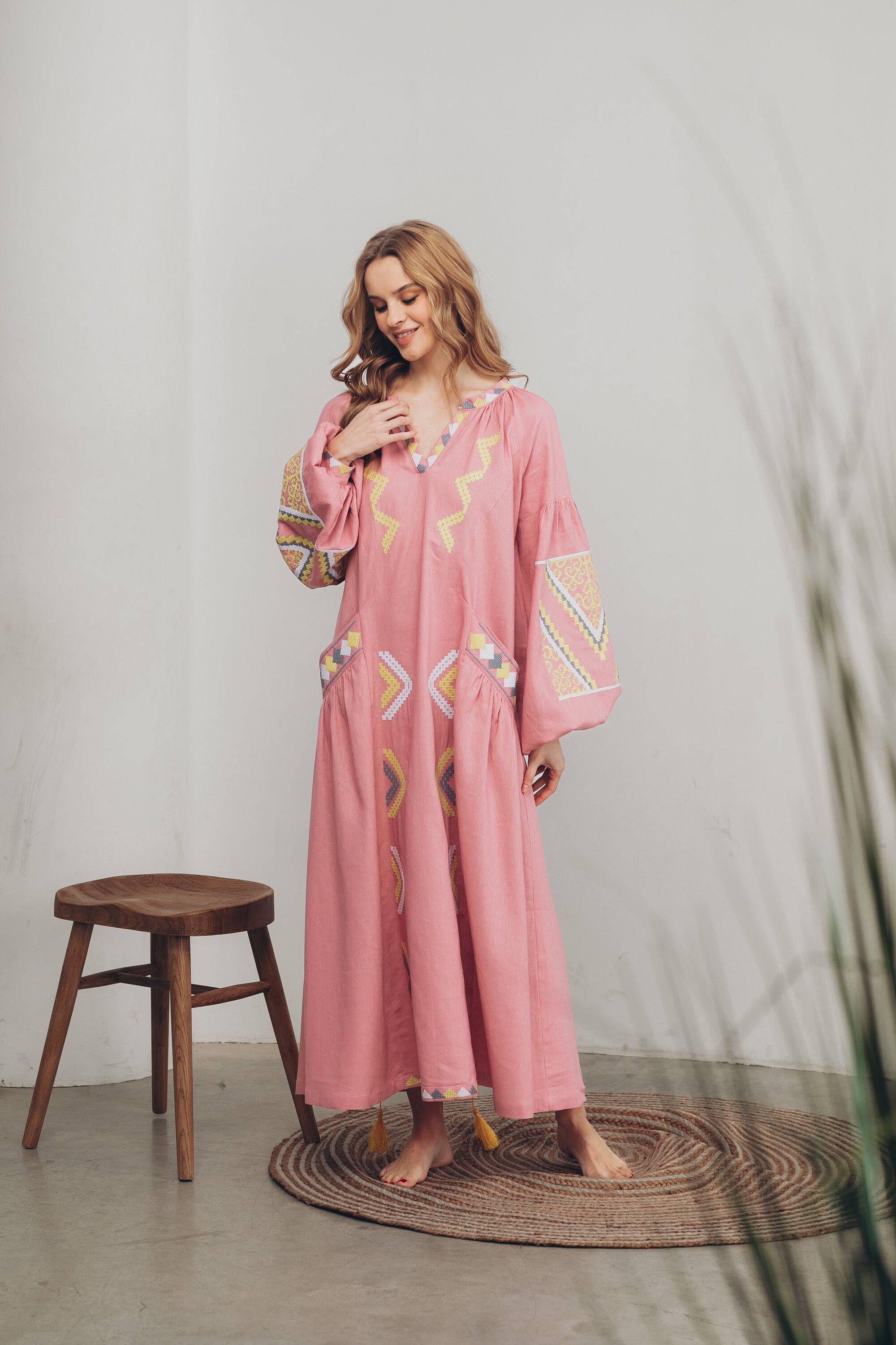 Pink Embroidered Linen Boho Dress - Ukrainian Folk Vyshyvanka for Women