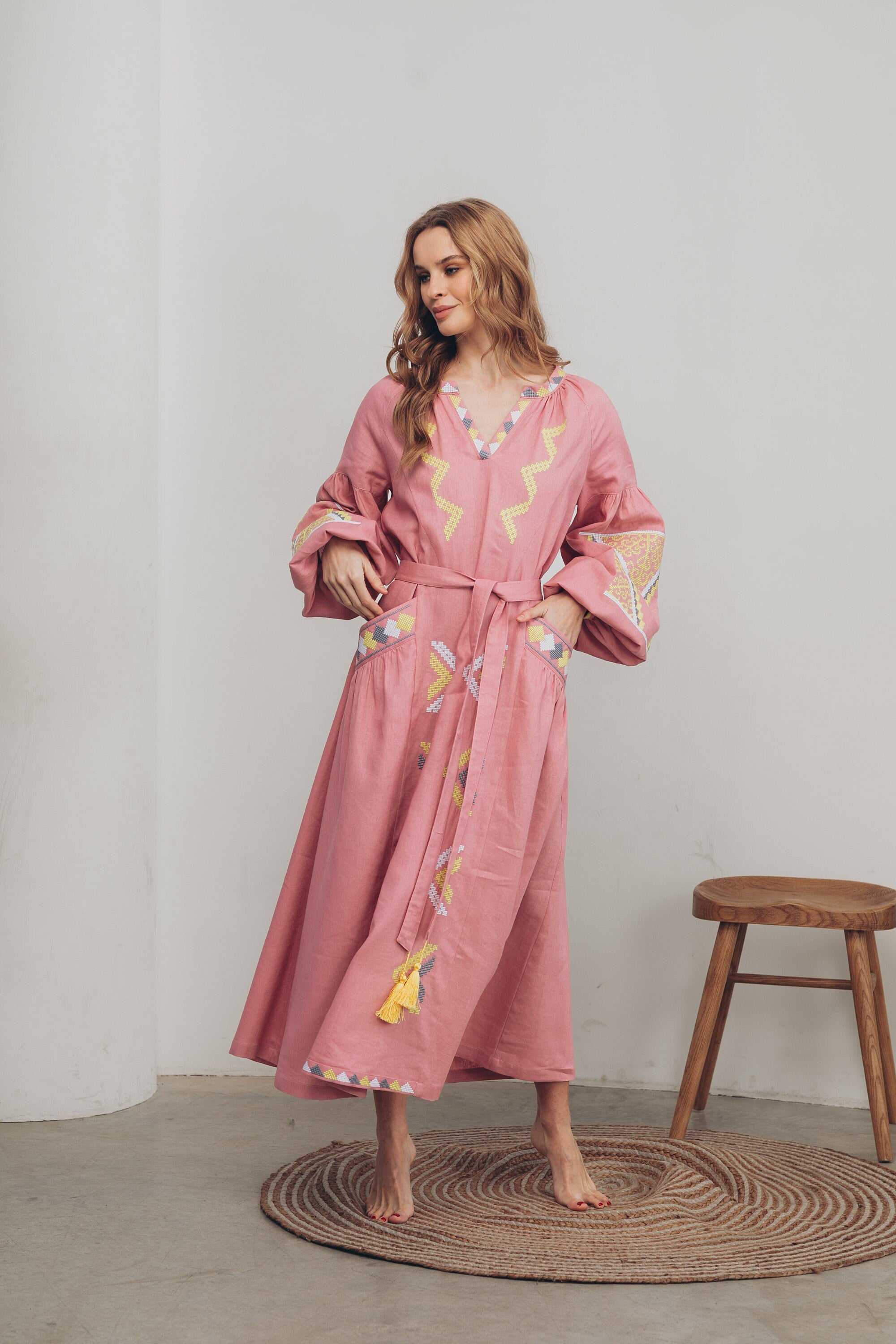 Pink Embroidered Linen Boho Dress - Ukrainian Folk Vyshyvanka for Women