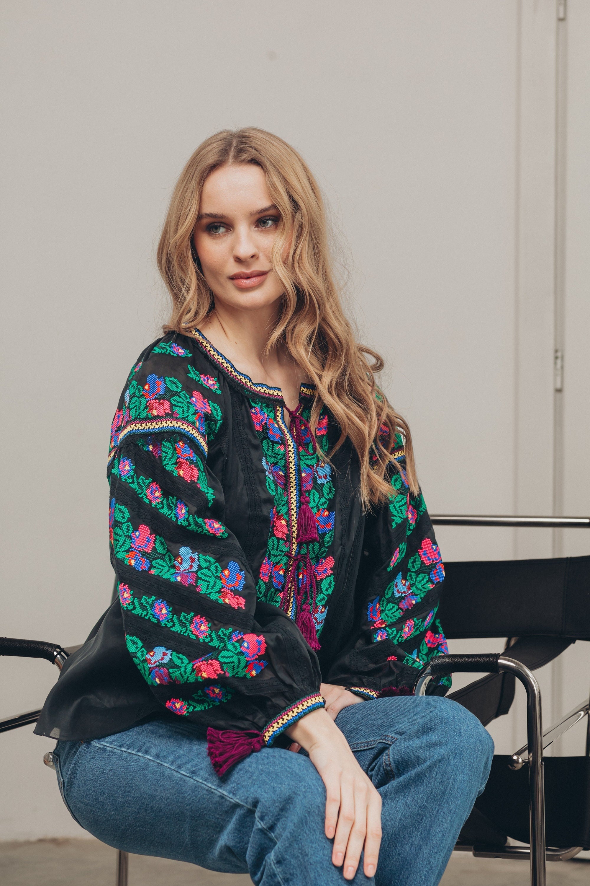 Black Ukrainian Embroidered Linen Vyshyvanka Blouse - Borshchivska Boho Chic Ethnic Shirt