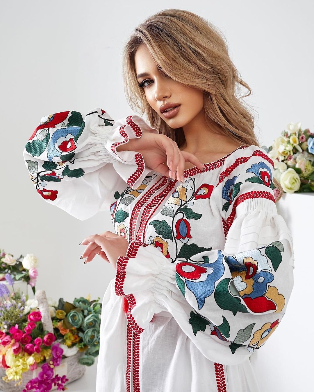 White Linen Embroidered Ukrainian Vyshyvanka Dress - Boho Ethnic Caftan for Easter