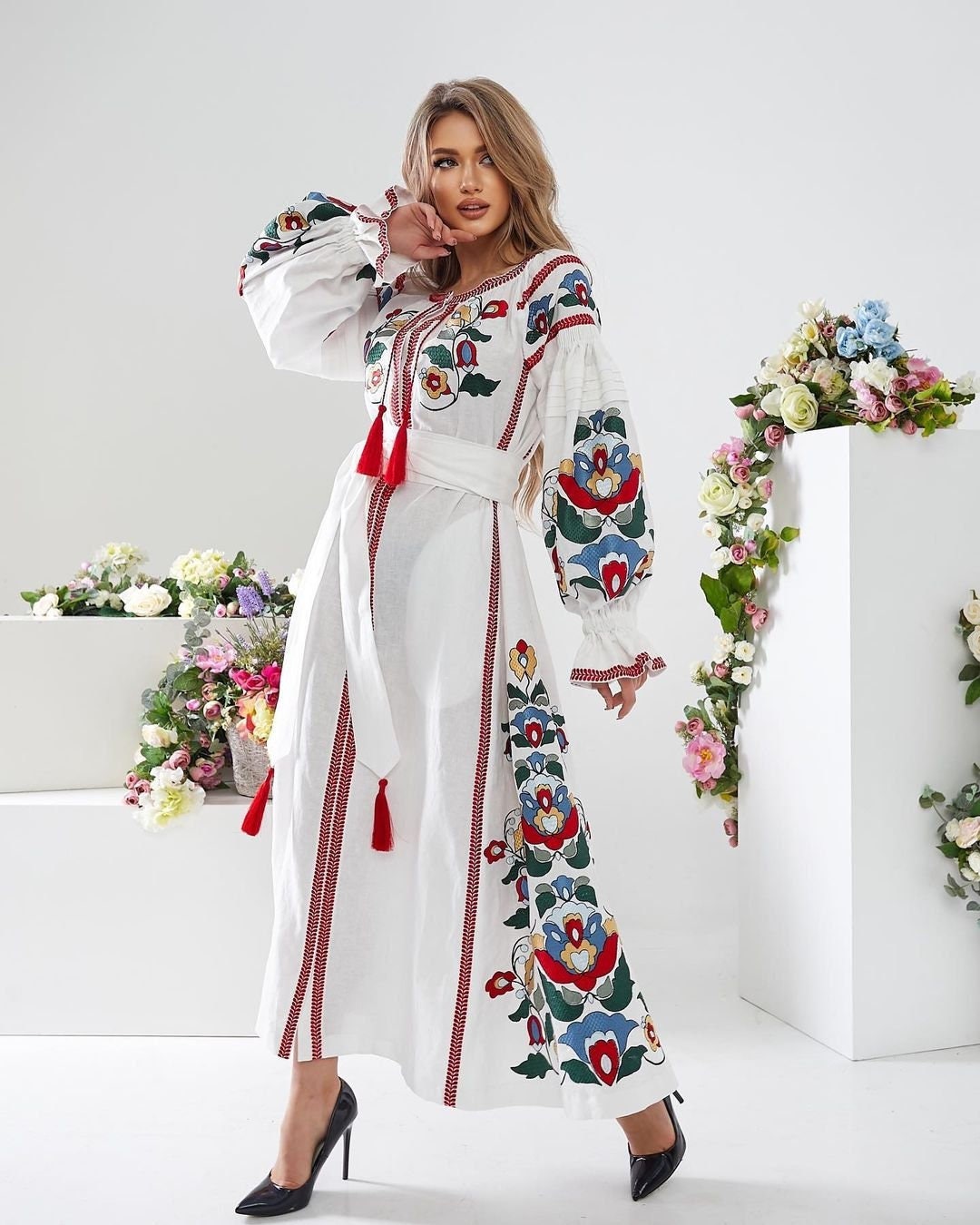 White Linen Embroidered Ukrainian Vyshyvanka Dress - Boho Ethnic Caftan for Easter