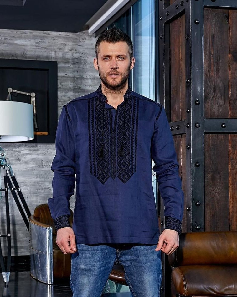 Blue Embroidered Shirt for Men Linen Vyshyvanka