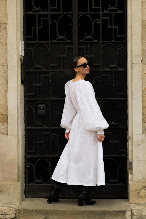 White Linen Embroidered Vyshyvanka Dress | Boho Kaftan Style