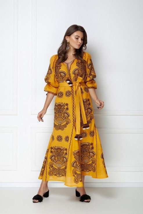 Embroidered Linen Vyshyvanka Kaftan Dress - Boho Style Abaya