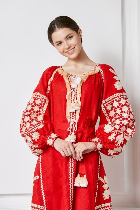 Red Linen Embroidered Ukrainian Vyshyvanka Kaftan Dress - Boho Style Abaya