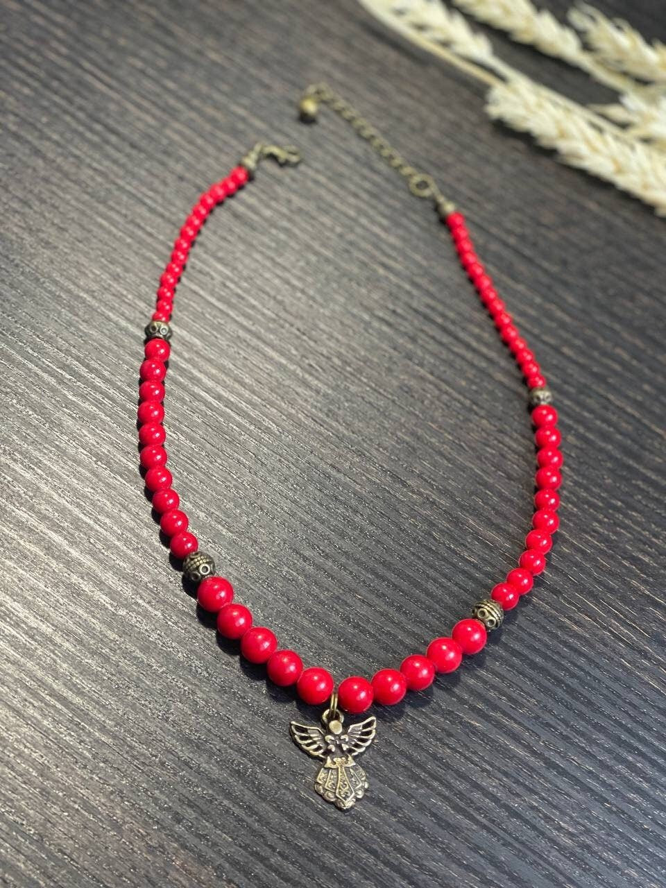 Red Ukrainian Traditional Coral Necklace with Antique Fireplace Beads - Ethnic Jewelry