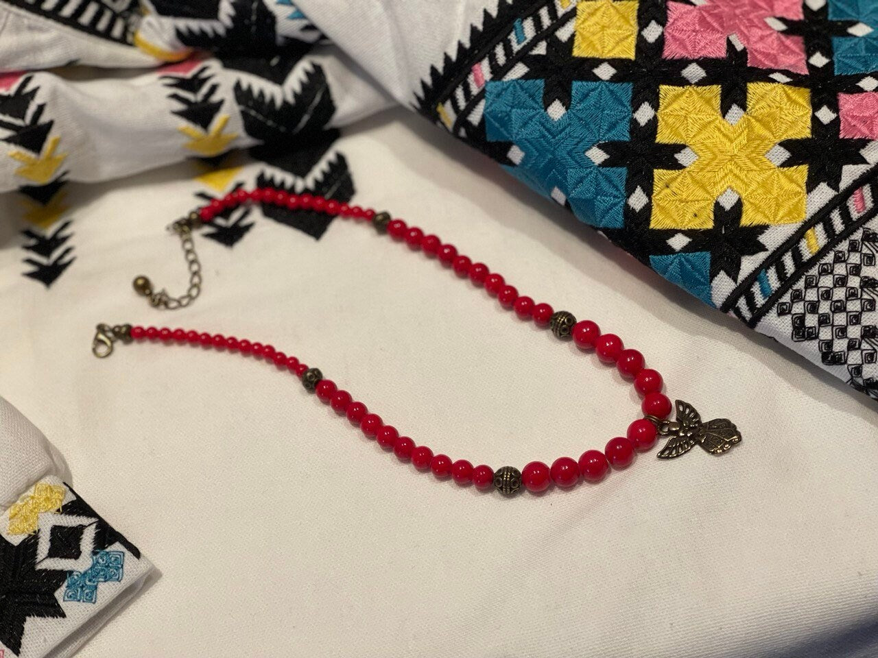 Red Ukrainian Traditional Coral Necklace with Antique Fireplace Beads - Ethnic Jewelry