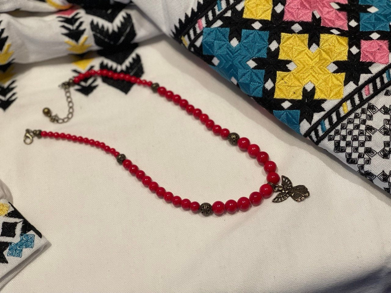 Red Ukrainian Traditional Coral Necklace with Antique Fireplace Beads - Ethnic Jewelry