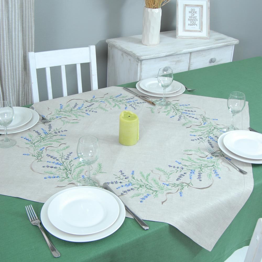 Lavender Embroidered Linen Tablecloth 88x88cm – Ukrainian Design