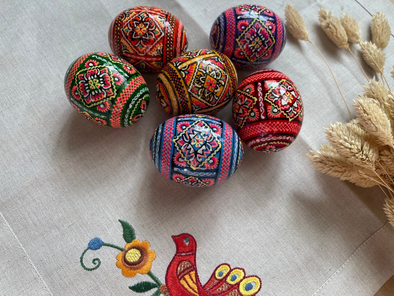 Set of 6 Hand-Painted Ukrainian Pysanky Wooden Easter Eggs – Traditional Ornament Souvenir
