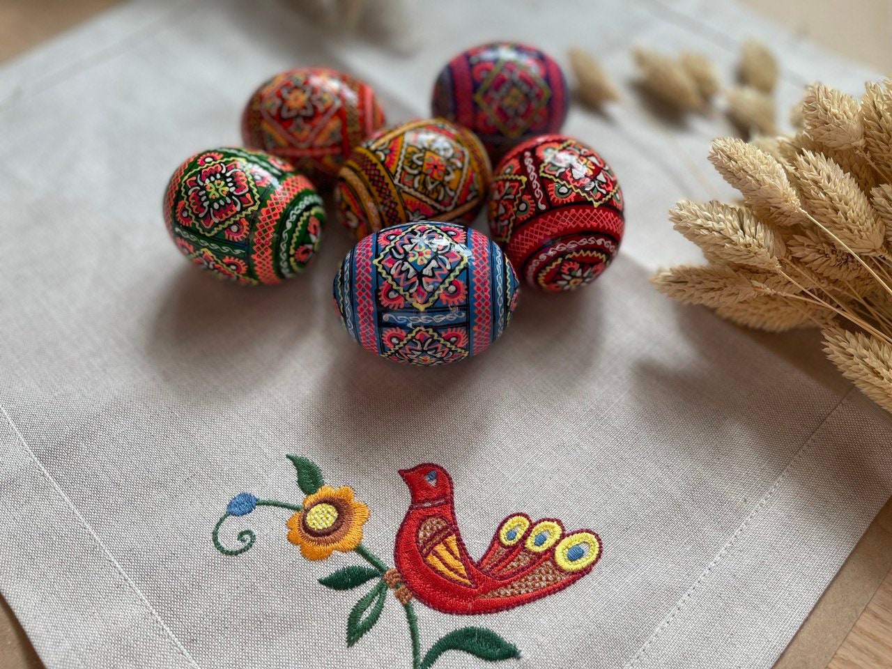 Set of 6 Hand-Painted Ukrainian Pysanky Wooden Easter Eggs – Traditional Ornament Souvenir