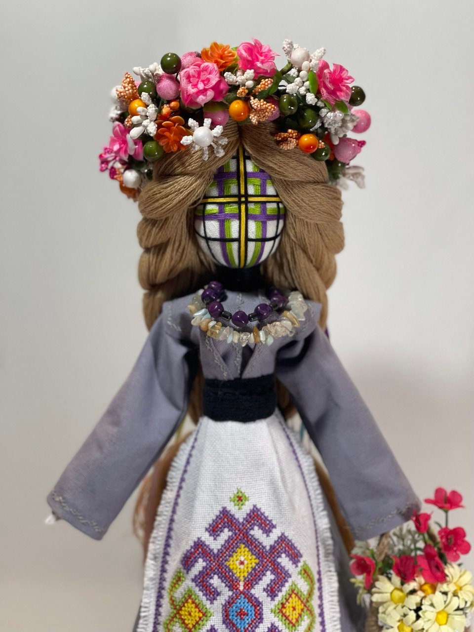 Unique Handmade Motanka Doll on Wood Stand – Bereginya with Hand Embroidery