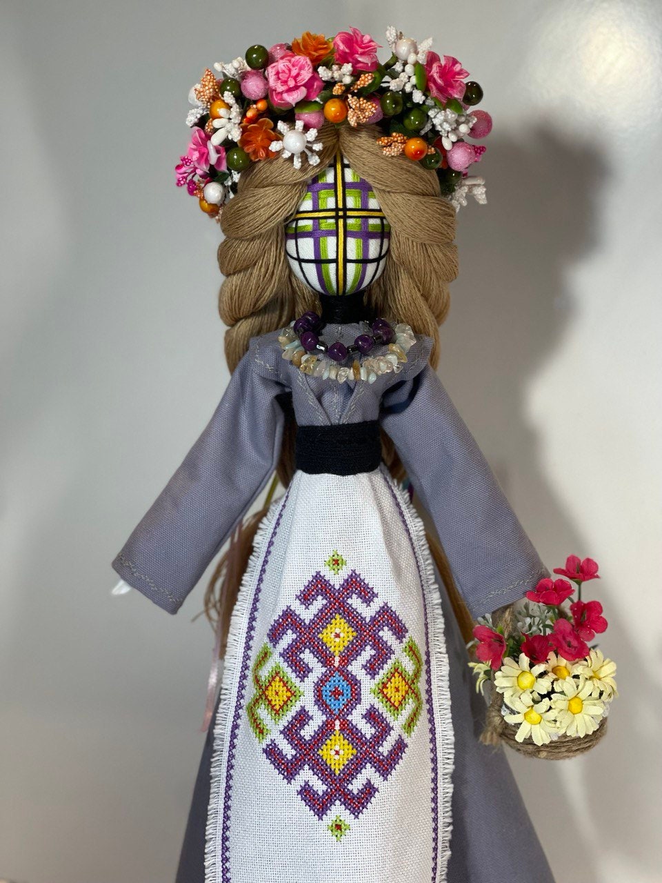 Unique Handmade Motanka Doll on Wood Stand – Bereginya with Hand Embroidery