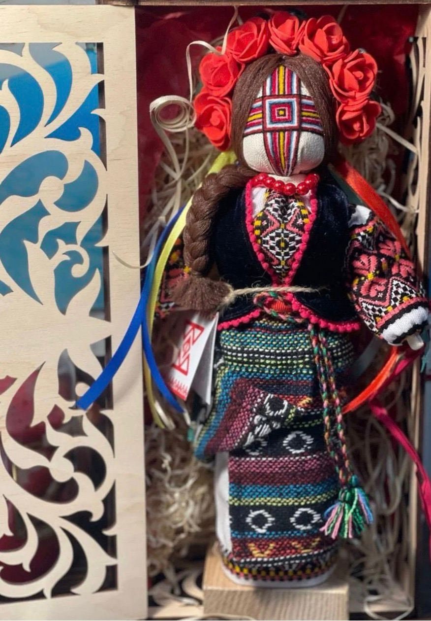 Handmade Motanka Doll with Embroidered Dress on Wooden Stand – Perfect for Valentine's Day and Easter