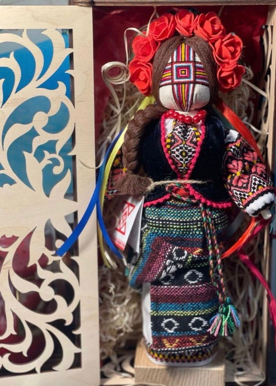 Handmade Motanka Doll with Embroidered Dress on Wooden Stand – Perfect for Valentine's Day and Easter