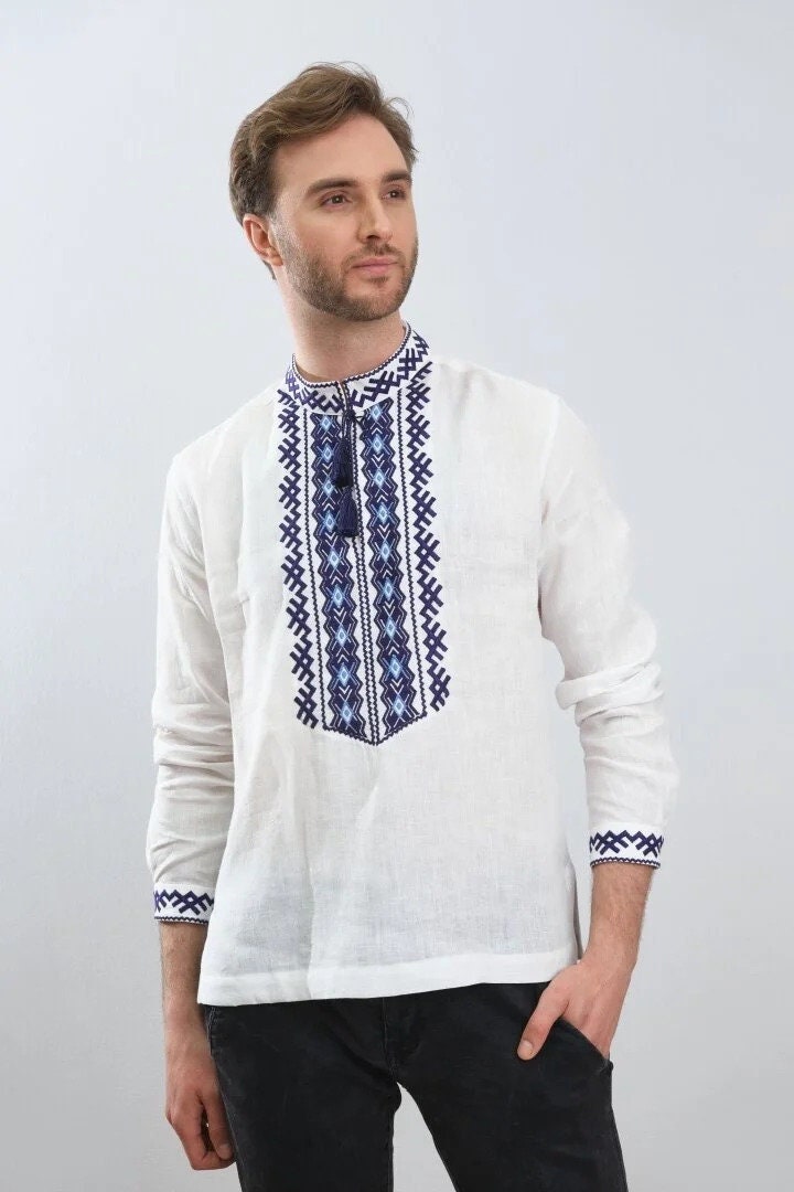 Men's White Ukrainian Vyshyvanka Shirt - Traditional Embroidered Shirt