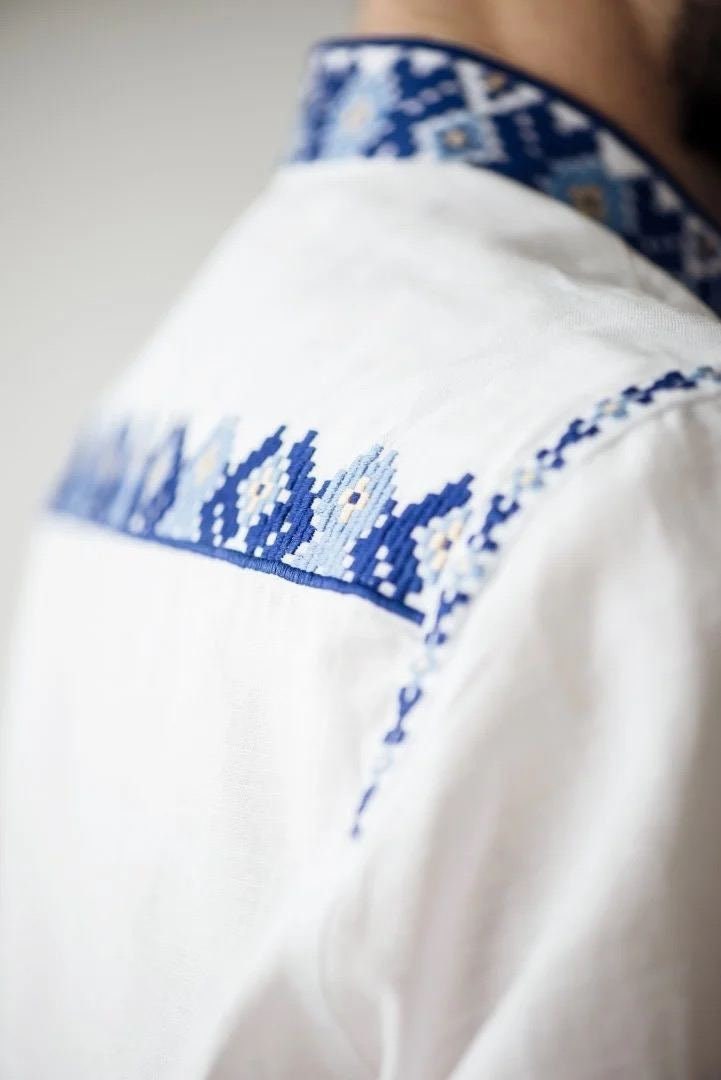 White Linen Embroidered Ukrainian Shirt for Men