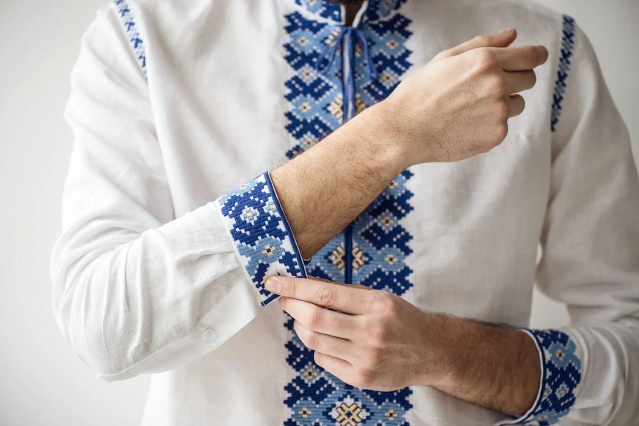 White Linen Embroidered Ukrainian Shirt for Men