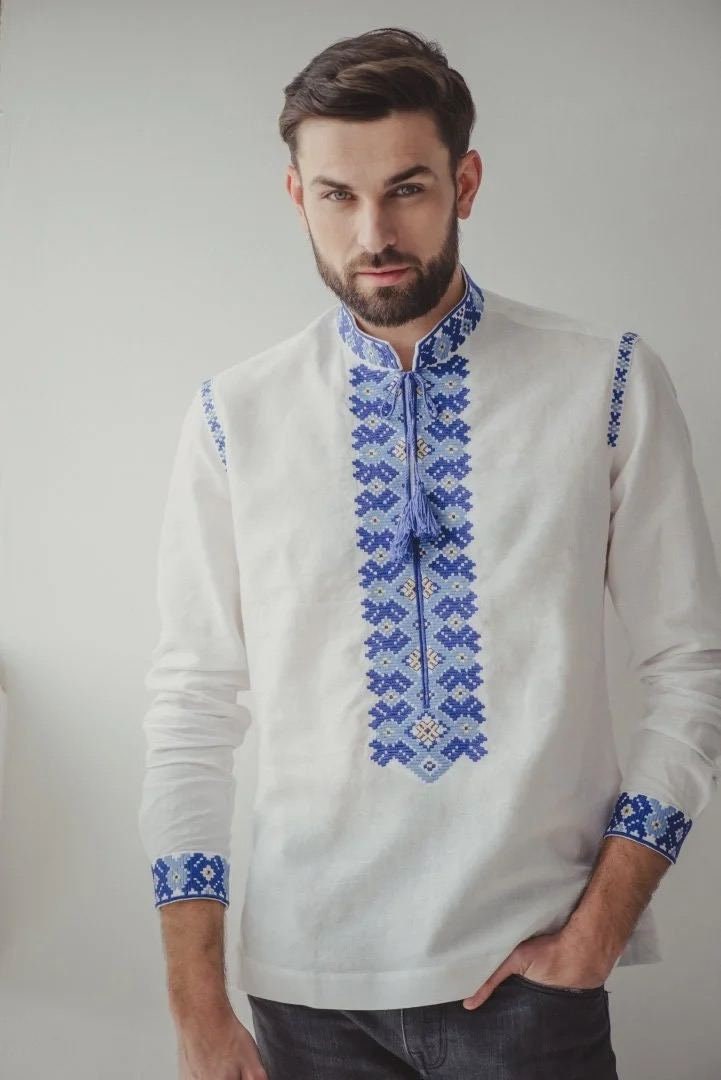 White Linen Embroidered Ukrainian Shirt for Men