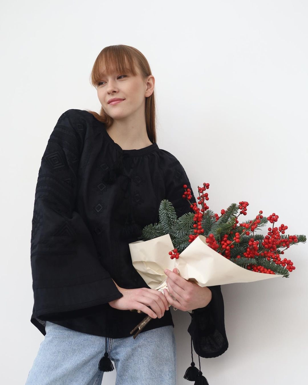 Black Ukrainian Vyshyvanka Blouse - Bohemian Embroidered Shirt for Women