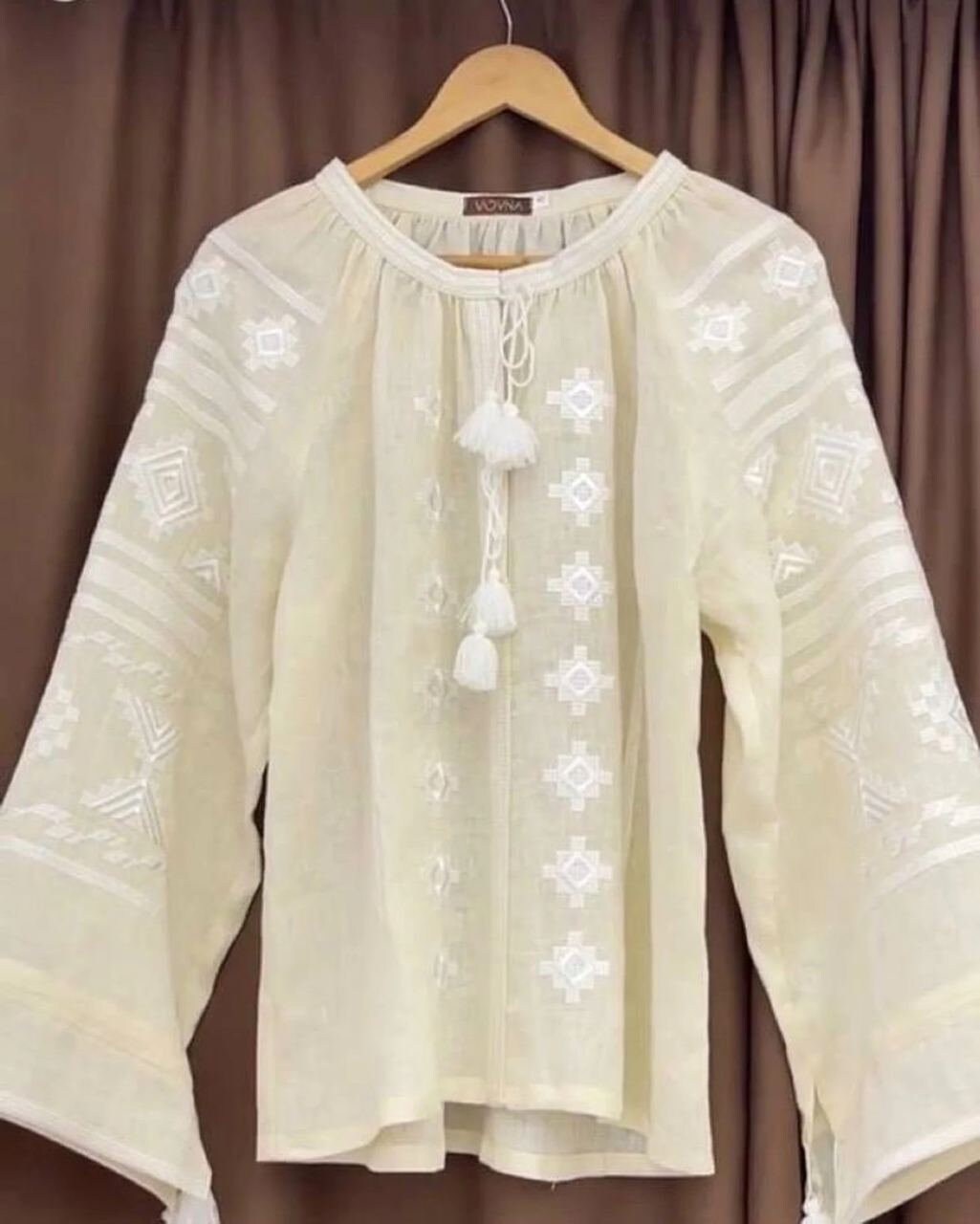 Beige Linen Ukrainian Vyshyvanka Blouse - Embroidered Ethnic Shirt