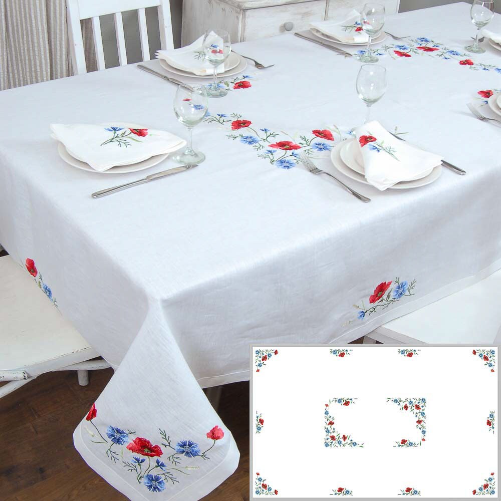 Ukrainian Embroidered Tablecloth Set with 6 Poppies and Cornflowers Napkins (240x140 cm)