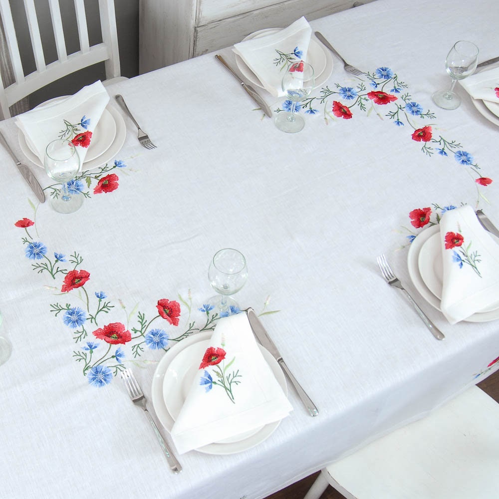 Ukrainian Embroidered Poppies and Cornflowers Tablecloth Set (240x140 cm) with 6 Napkins (40x40 cm)