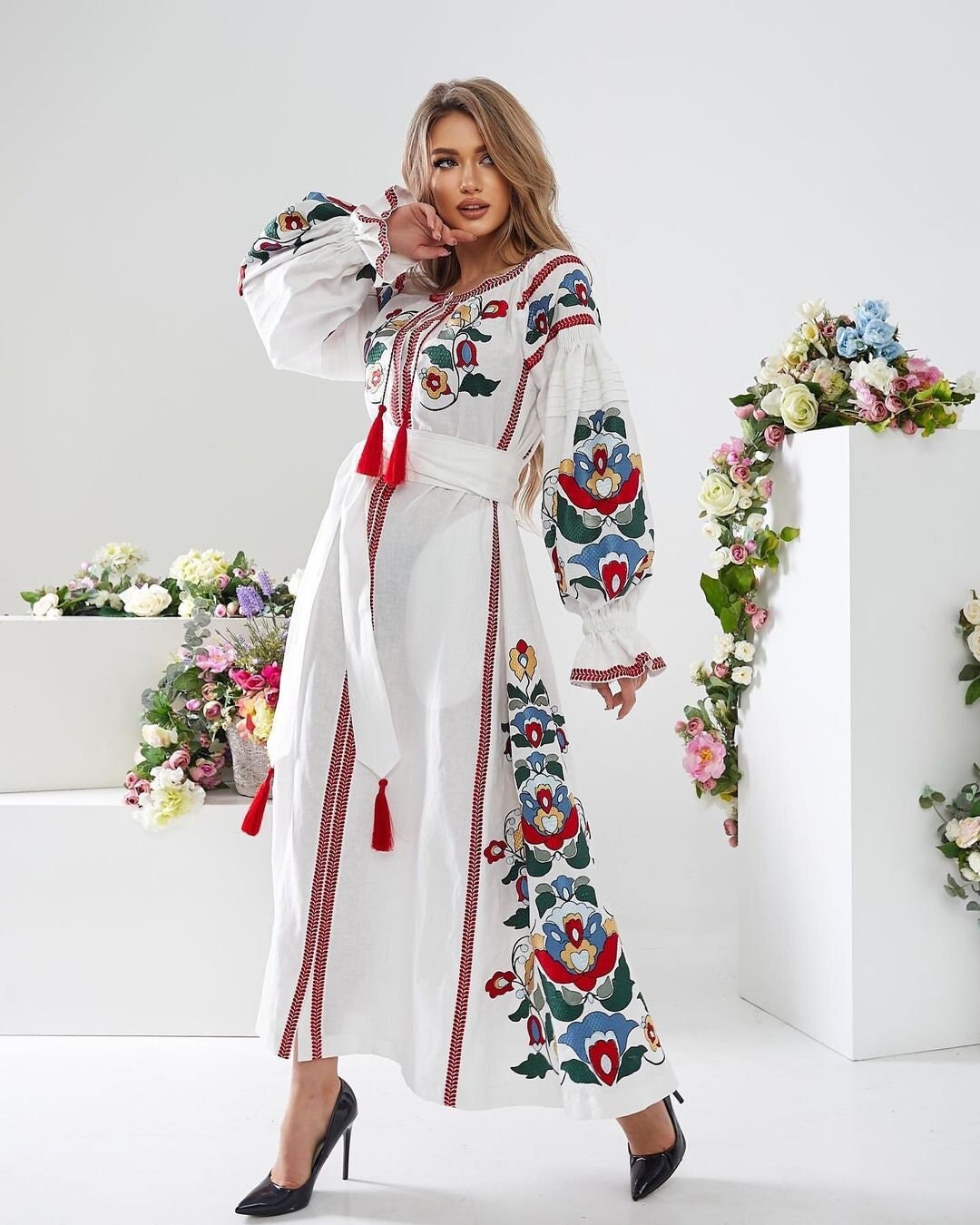 White Linen Embroidered Dress Wedding with Embroidery Ukrainian Vyshyvanka Dress Ethnic Caftan Boho style Gift for Her MOTHERS DAY