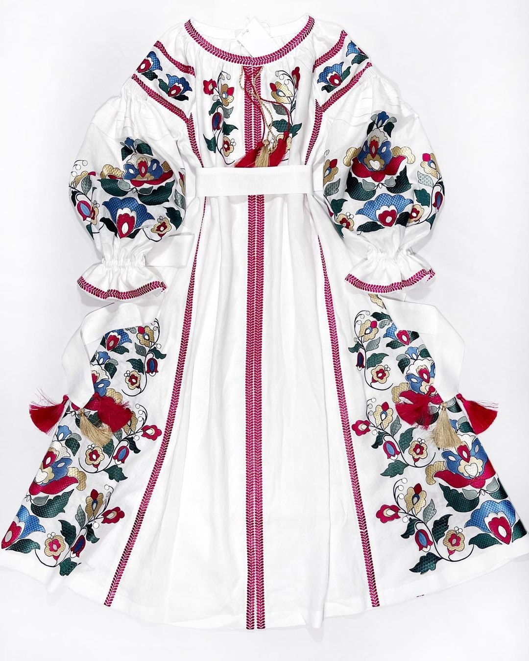 White Linen Embroidered Ukrainian Vyshyvanka Dress - Boho Ethnic Caftan for Easter