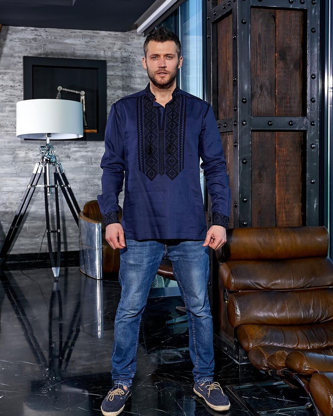 Blue Embroidered Shirt for Men Linen Vyshyvanka