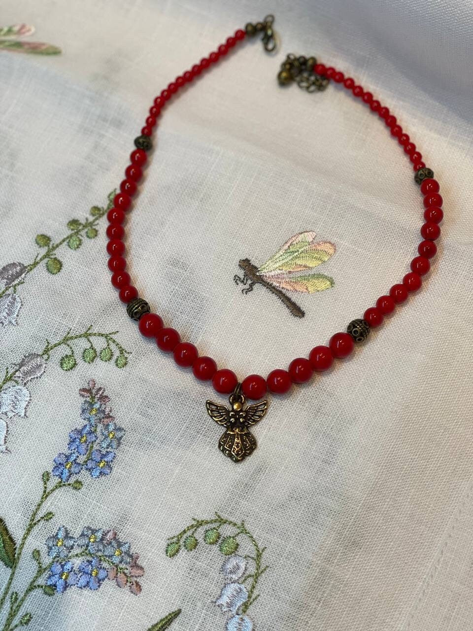 Red Ukrainian Traditional Coral Necklace with Antique Fireplace Beads - Ethnic Jewelry