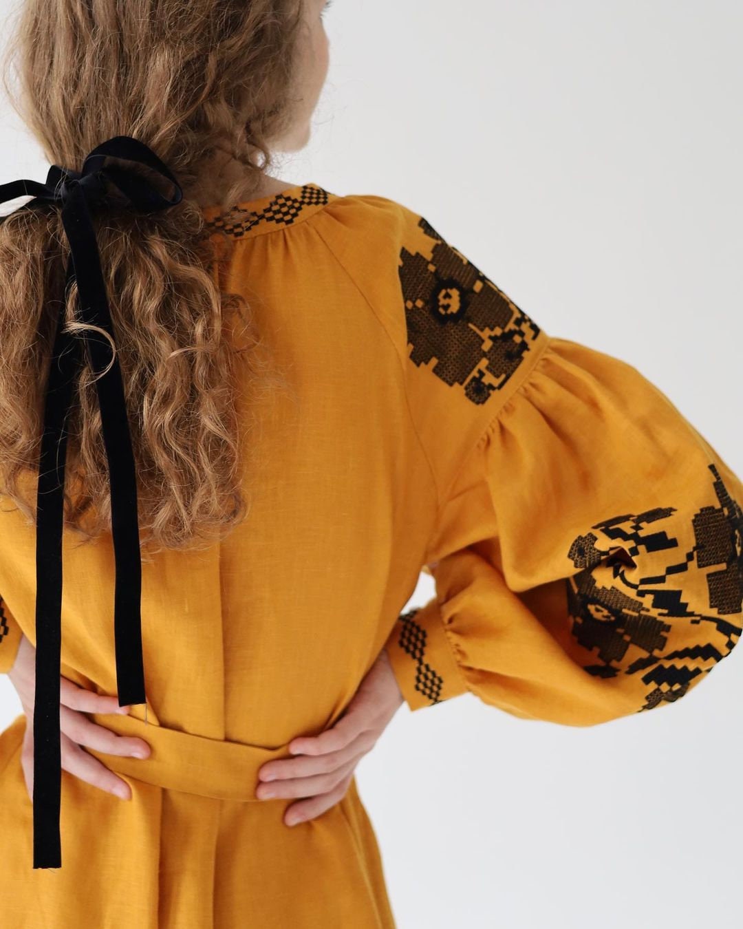 Yellow Linen Embroidered Ukrainian Vyshyvanka Caftan Dress - Boho Style for Easter