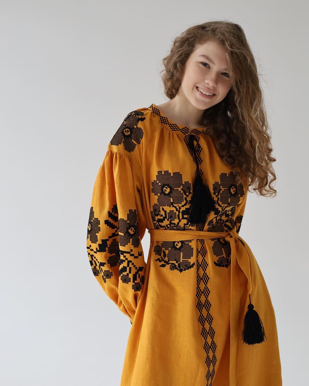 Yellow Linen Embroidered Ukrainian Vyshyvanka Caftan Dress - Boho Style for Easter