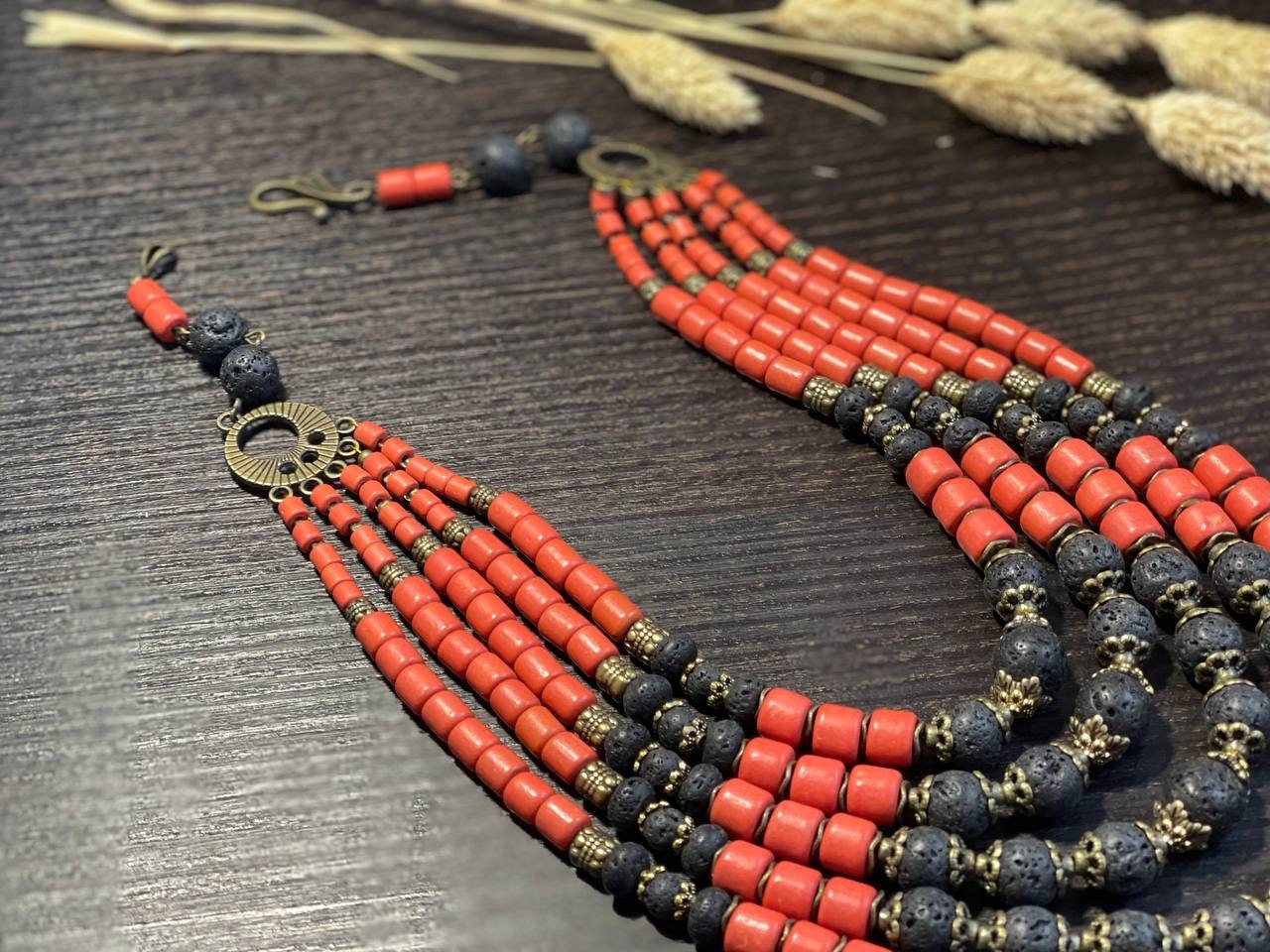 2025 Ukrainian Traditional Red and Black Ceramic Necklace with Cross - Ethnic Antique Fireplace Beads Jewelry