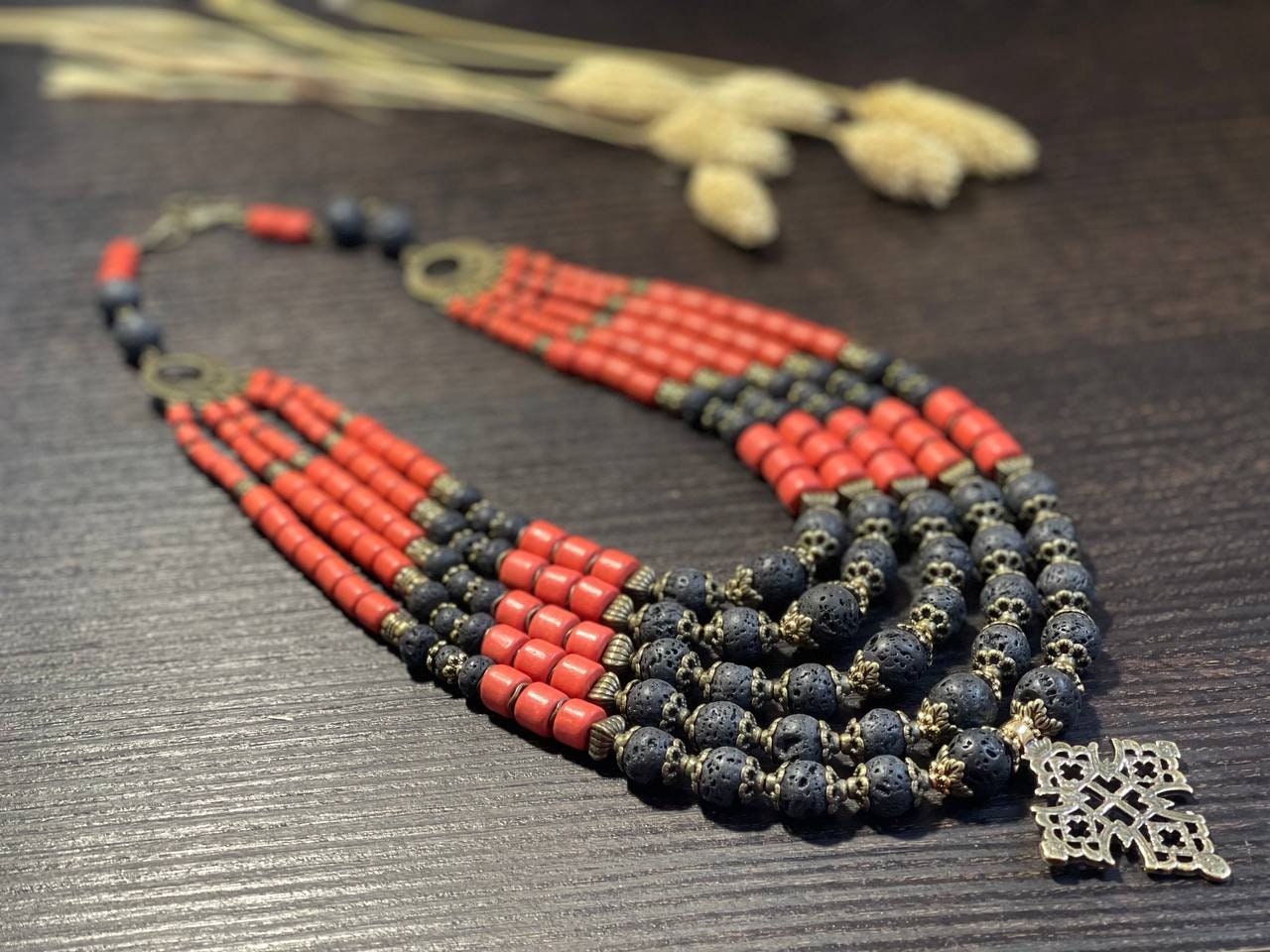 2025 Ukrainian Traditional Ceramic Necklace with Antique Fireplace Beads and Cross - Ethnic Jewelry from Ukraine