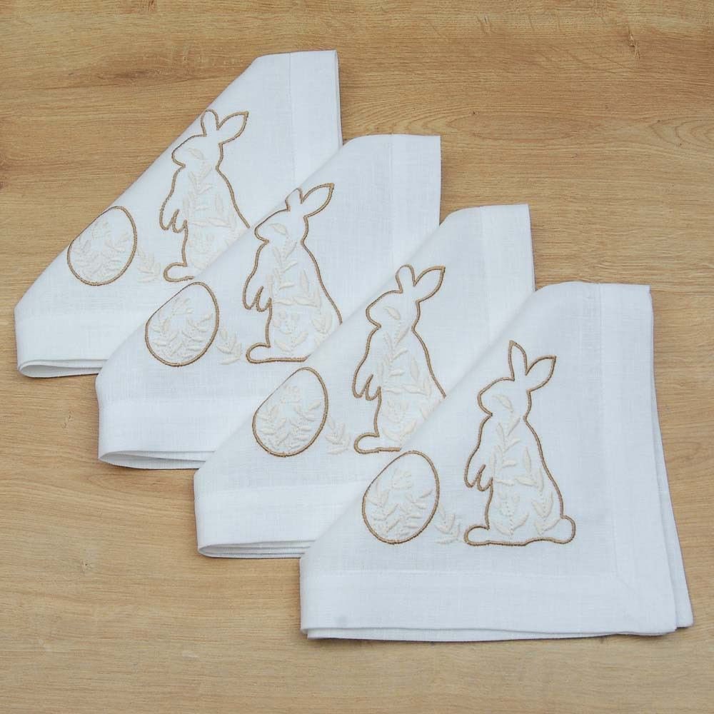 "Easter Mood Napkins Set - Embroidered Ukrainian Rabbit Design, 40x40 CM"
