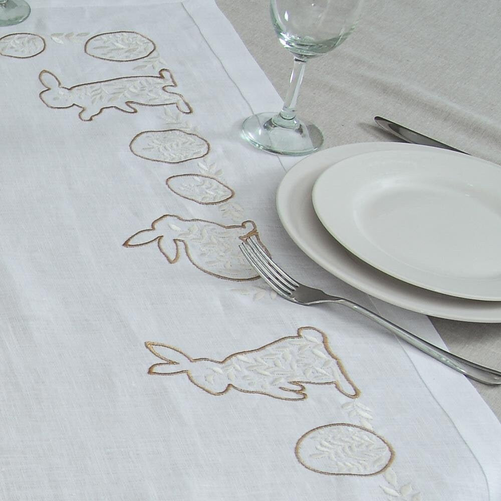 "Easter Mood Tablecloth 88x88 cm White Linen with Ukrainian Rabbit Embroidery"
