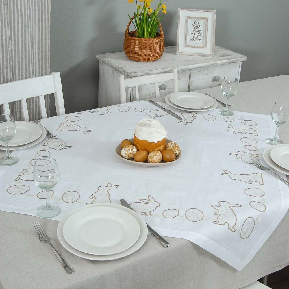 "Easter Mood Tablecloth 88x88 cm White Linen with Ukrainian Rabbit Embroidery"
