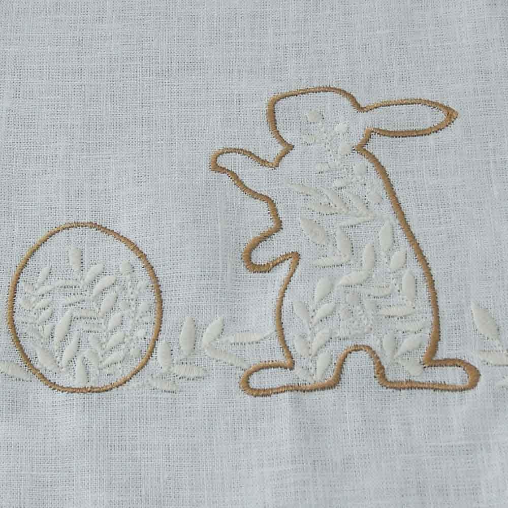 "Easter Mood Tablecloth 88x88 cm White Linen with Ukrainian Rabbit Embroidery"