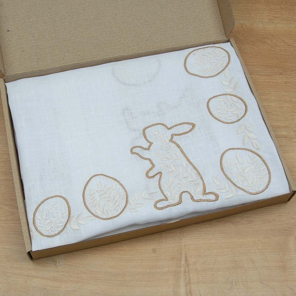 "Easter Mood Tablecloth 88x88 cm White Linen with Ukrainian Rabbit Embroidery"