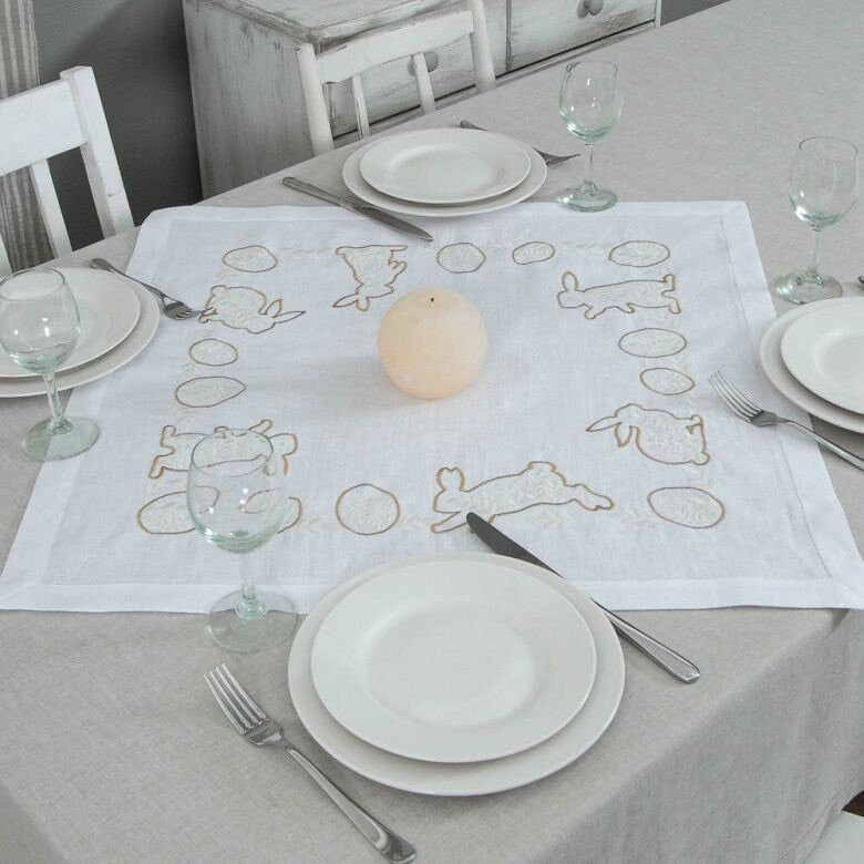 "Easter Mood White Linen Tablecloth 64x64 cm with Rabbit Embroidery - Ukrainian Design"