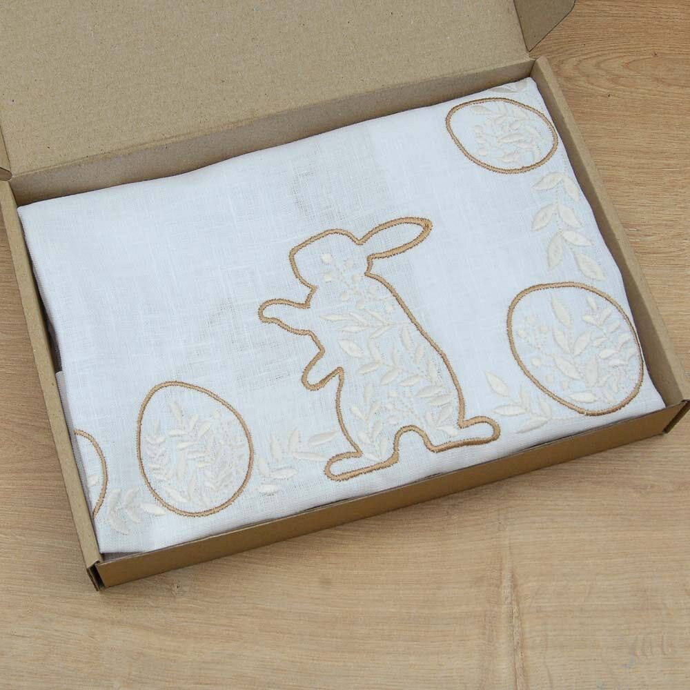 "Easter Mood White Linen Tablecloth 64x64 cm with Rabbit Embroidery - Ukrainian Design"