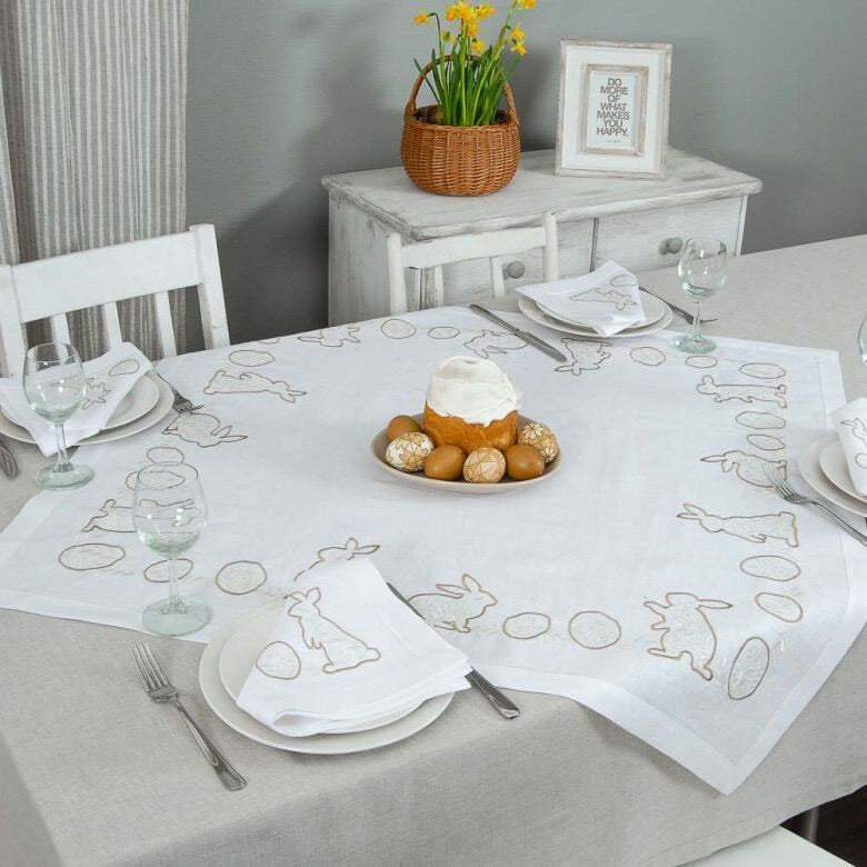 Easter Mood Embroidered Tabletop Set 88x88 cm with 4 Napkins - Ukrainian Rabbit Design