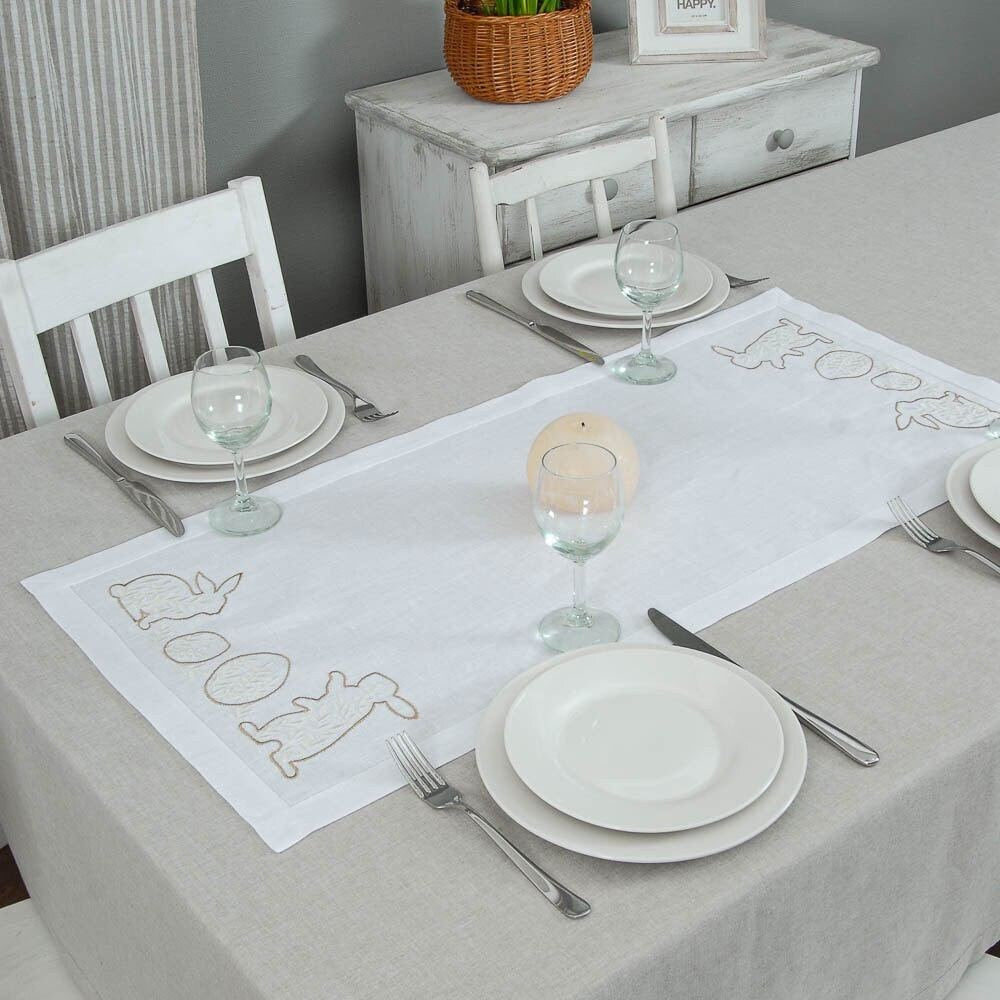 "Easter Mood White Linen Tabletop 88x40 CM with Ukrainian Rabbit Embroidery"