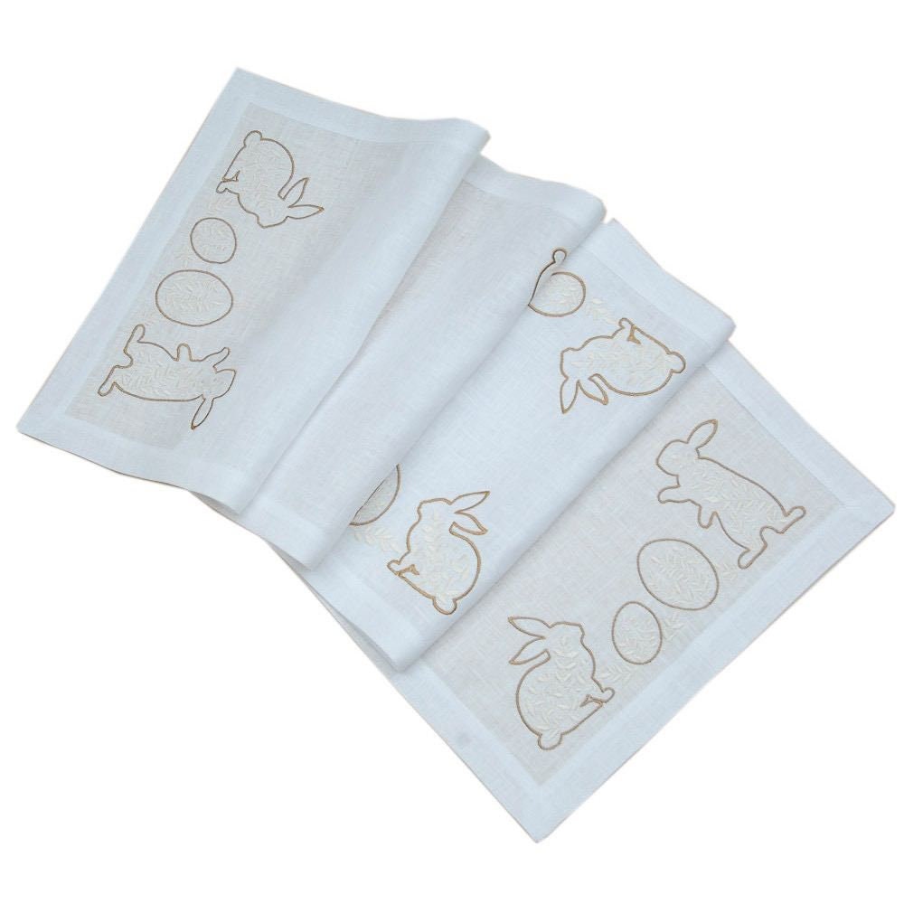 "Easter Mood White Linen Tablecloth 136x40cm with Ukrainian Rabbit Embroidery"