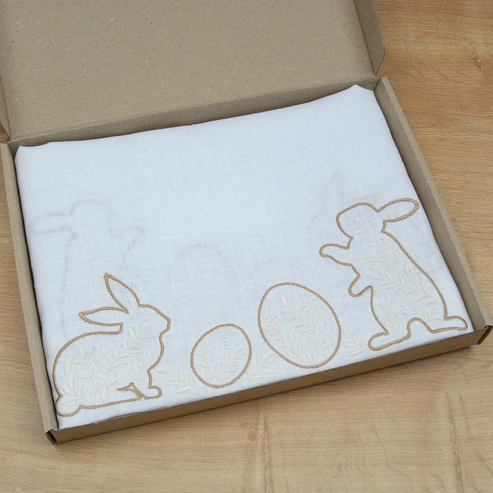 "Easter Mood White Linen Tablecloth 136x40cm with Ukrainian Rabbit Embroidery"