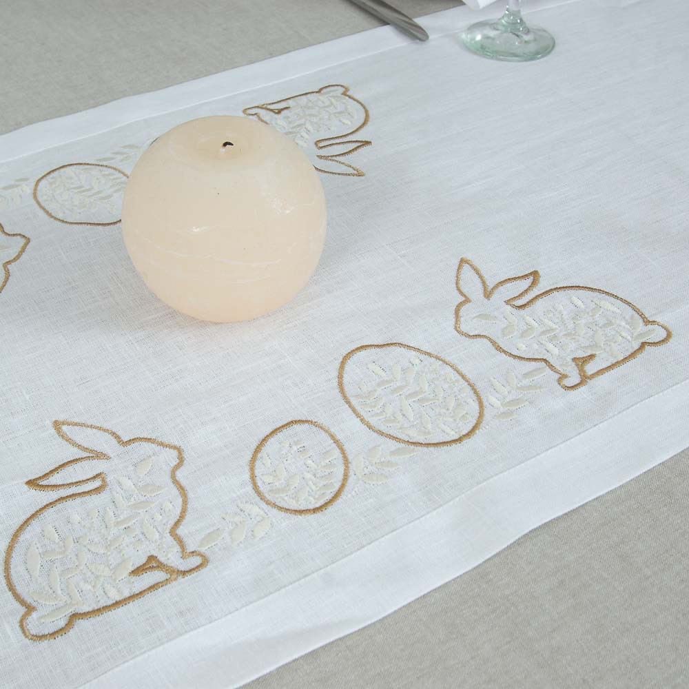 "Easter Mood White Linen Tablecloth 136x40cm with Ukrainian Rabbit Embroidery"
